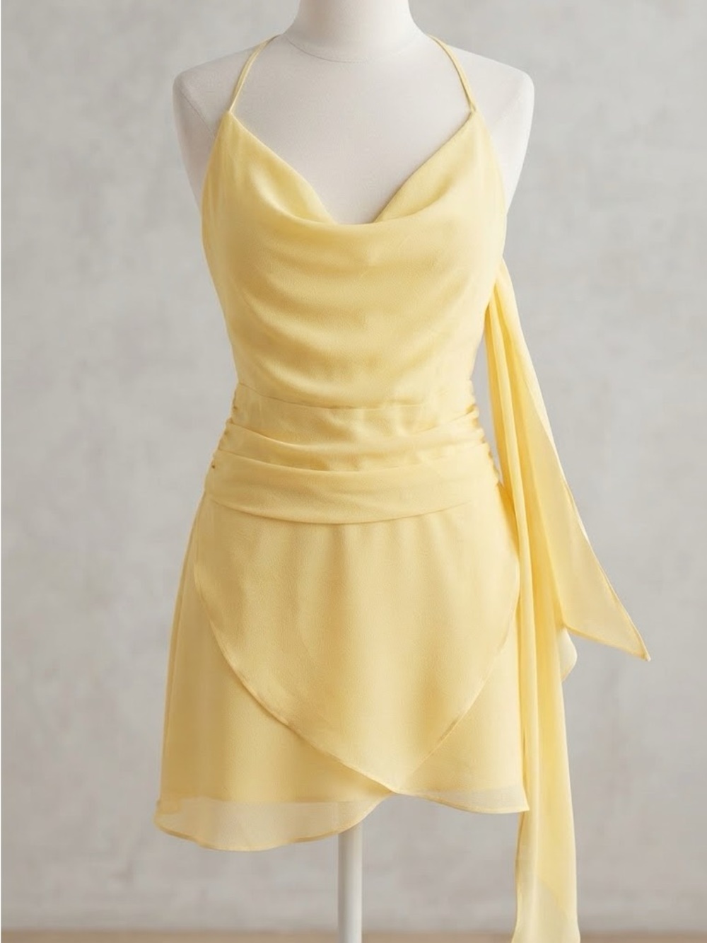 Fashion Nova Pale Yellow Draped Mini Dress with Side Sash